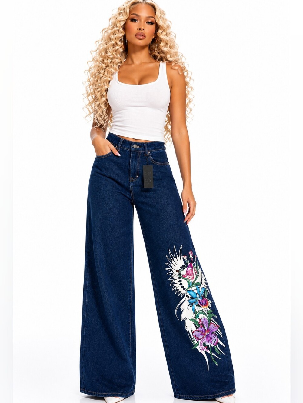 ED HARDY Orchids Baggy Jeans WOMENS LARGE Wide Leg Rear LOGO Graphic Jeans NWT